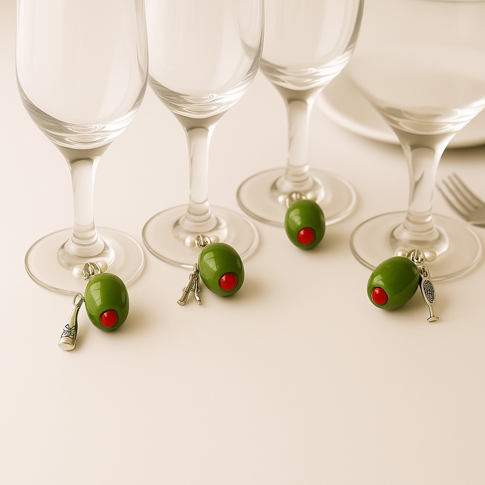 Green Olive Wine Glass Charms – Set of 4 | Martini Party Stemware Markers